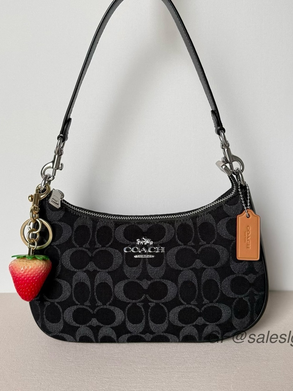 NWT Coach Teri Shoulder / Crossbody Bag Signature Black Denim + Strawberry Charm